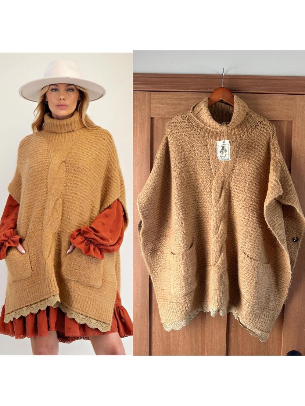 NWT Easel Wool Blend Turtleneck Lace Bottom Poncho Sweater Camel Women’s Large